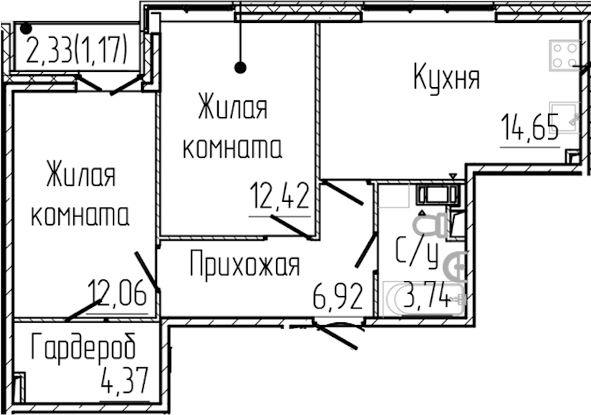 2-комнатная квартира 55.33 м², 5/8 эт., ЖК «SERTOLOVO PARK»